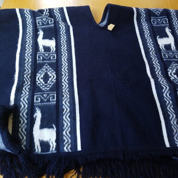 NWT Tejidos Ruminahui Poncho Shawl Llama Blue White Alpaca Wool - Picture 5 of 10